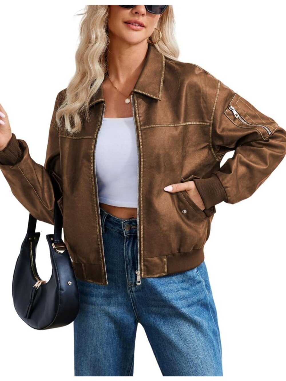 Women's Brown Oversized Fall Winter Faux Leather Bomber Moto Biker Jacket